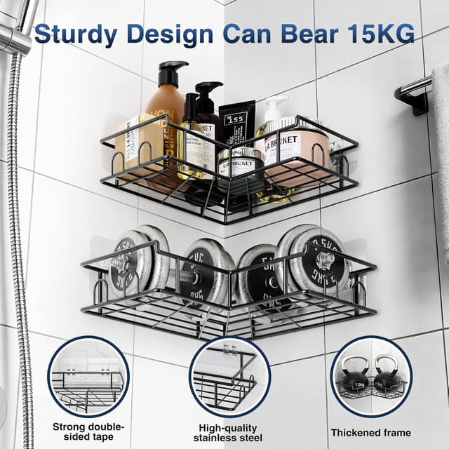 Detalle de Diboniur Mensola doccia angolare senza foratura con 8 ganci e organizer a appendere (2 pezzi) in acciaio inox, nero