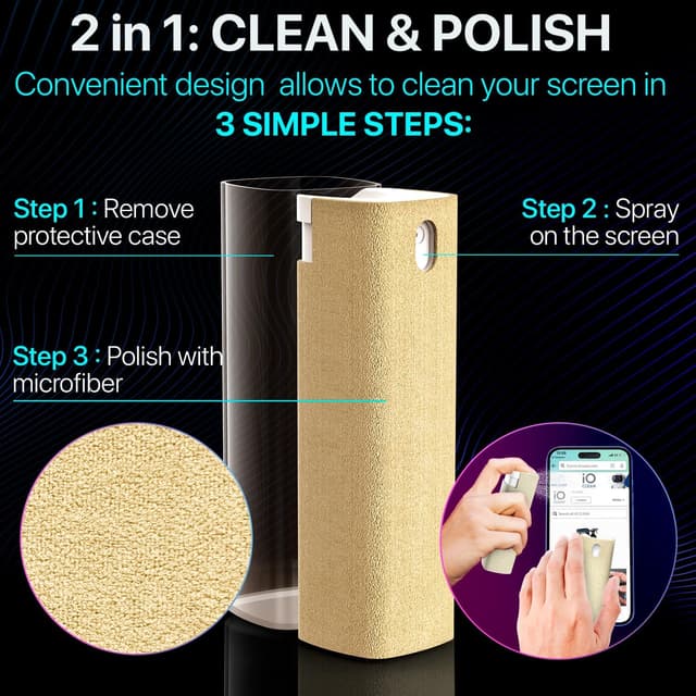 Detalle de iO CLEAN IO CLEAN Mini Screen Cleaner Spray (Finger Proof) – 3-in-1 Mist Cleaner with Microfiber Cloth & Protective Cover, Grey