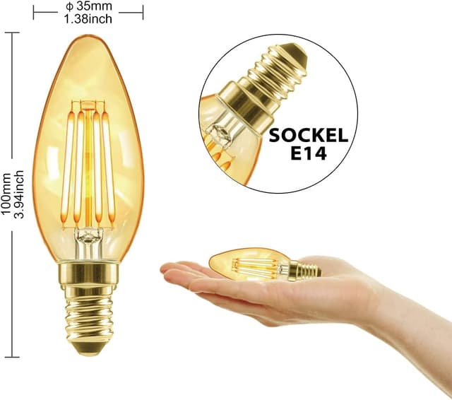 Detalle de LVWIT Vintage Glühbirne E14 Kerzenlampe 4 W (410 lm) – 2500 K, warmweiß, nicht dimmbar, 6er-Pack