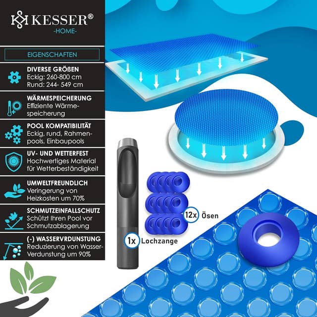 Detalle de KESSER® Pool Solarabdeckplane rechteckig 260 x 160 cm (Solarfolie 120 µm), zuschneidbar inkl. Schere, Lochzange & Ösen