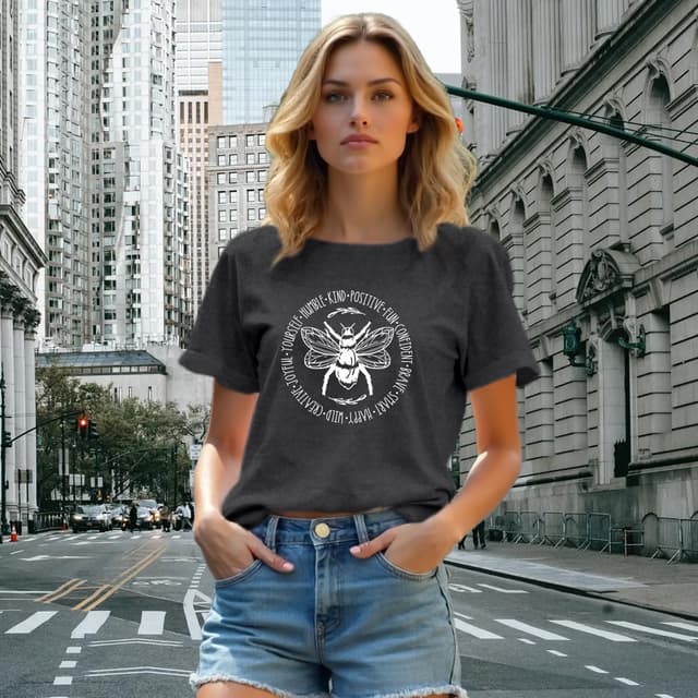 Detalle de Qskall Women’s Bee Kind T-Shirt (Be Kind Tee) – soft crew neck top