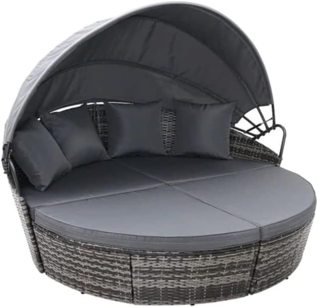 Detalle de EVRE Bali 3 Piece Modular Round Rattan Wicker Daybed Set with Extendable Canopy (Mixed Grey)