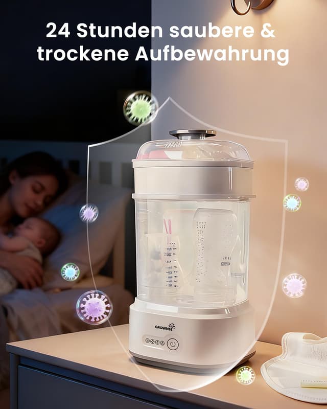 Detalle 2 de Grownsy Sterilisator für Babyflaschen mit Trocknerfunktion (5-in-1) – Dampfsterilisator & Luftfilter für bis zu 5 Flaschen