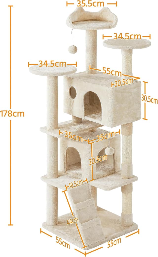 Detalle 2 de Yaheetech Cat Tree (178cm) with Scratching Posts, 2 Condos, Perched Platforms & Dangling Balls – Beige