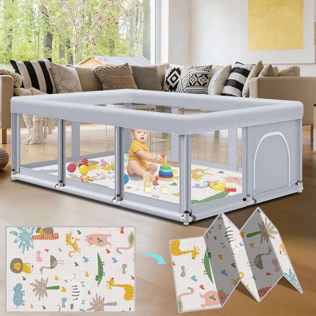 Detalle de Fshibila 74" × 50" Large Baby Playpen (Baby Playard) with Breathable Mesh, Anti-Fall Safety & Mat