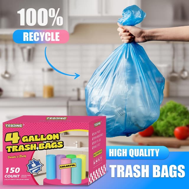 Detalle de T.FORING 150-Count 4 Gallon Small Trash Bags (4 Gallon) — Colored, Unscented, Leak-Proof Can Liners