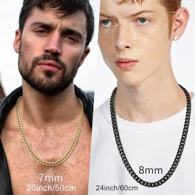 Detalle de RWQIAN Herren Panzerkette (3–9 mm) aus Edelstahl, silber/gold/schwarz – Kettenlänge 45–65 cm