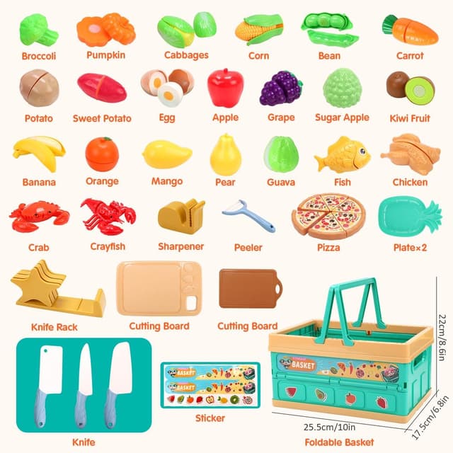 Thumbnail 6 de 74PCS Pretend Play Food Set for Kids with Cutting Kitchen Toys and Foldable Basket (Age 3+)