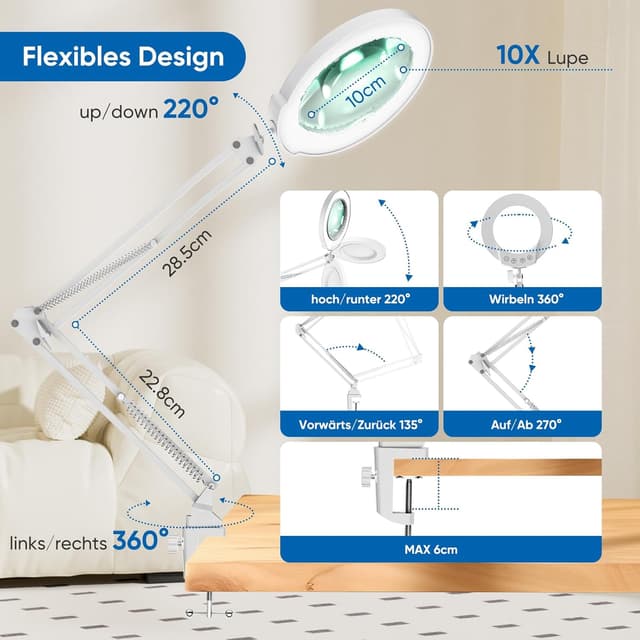 Detalle de Mandland 10X Lupe mit Licht und Klemme (beleuchtete Lupe aus echtem Glas) – White
