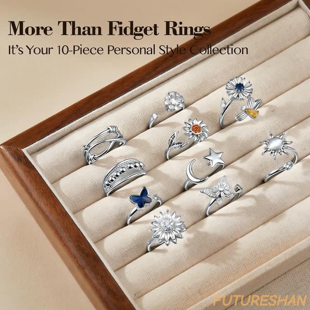 Detalle de 10Pcs Fidget Anxiety Rings (Moon, Sun, Butterfly & More) Adjustable Spinner Rings for Women