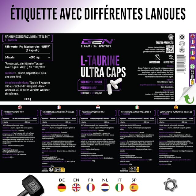 Detalle 2 de GEN German Elite Nutrition L-Taurin Ultra Caps (365 gélules) – 1500 mg de taurine par capsule