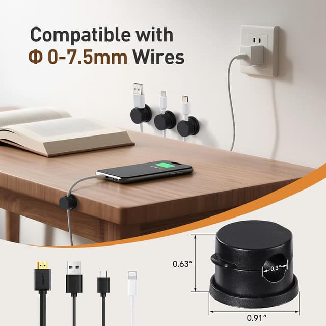 Detalle 2 de AGPTEK 8 clips câble magnétiques avec base rotative 360° et adhésifs (noir)