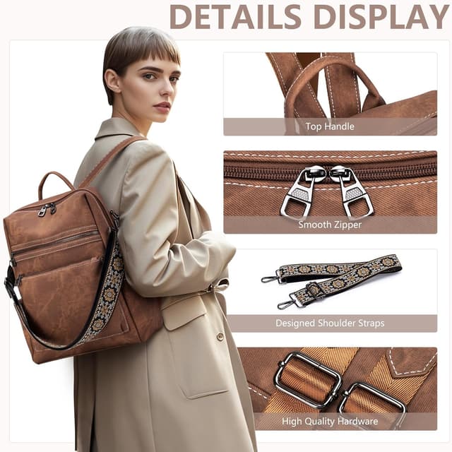 Detalle de SUCIKORIO Zaino Donna in Pelle elegante con borsa antifurto e tasche multiple, cuoio