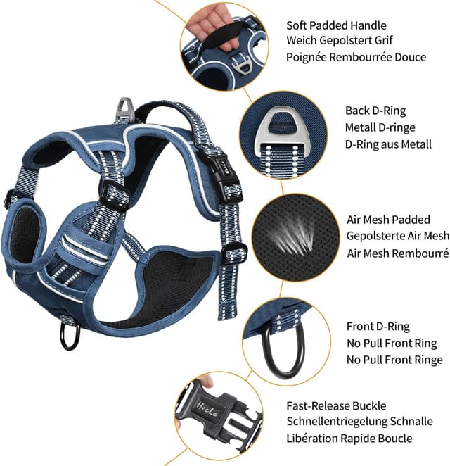 Detalle de HEELE Harnais anti-traction réfléchissant avec poignée rembourrée, 2 anneaux métal – Bleu royal (taille XS)