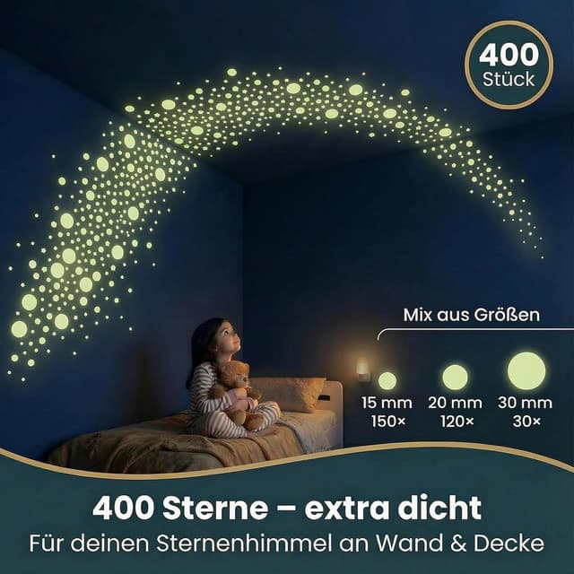 Detalle 2 de Leuchtsterne Kinderzimmer (400 Stück) – selbstklebende Glow-in-the-Dark Sterne für Wand & Decke