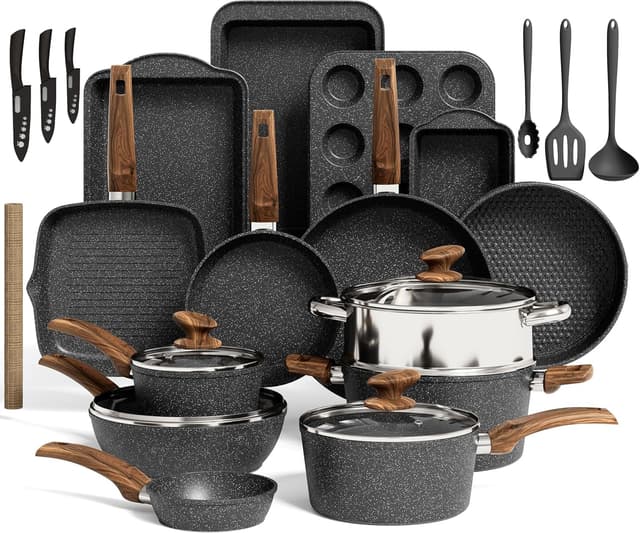 Imagen de Kitchen Academy 30-Piece Black Granite Cookware Set en OfertitasTOP