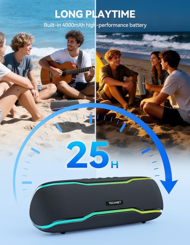Detalle de TECKNET TK-BS002 Bluetooth 5.4 portable speaker with 30W stereo sound, RGB lights and IPX7