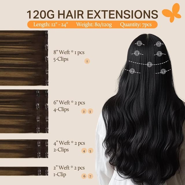 Detalle de DOORES Extension di capelli veri con clip, balayage scuro a castano, 30,5 cm, 7 pezzi (80 g) — capelli lisci naturali