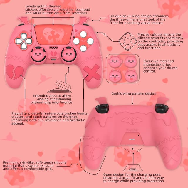 Detalle de PlayVital Gothic Imp Silicone Case for PS5 Controller (Peach Pink) with 4 Thumb Grips & Stickers