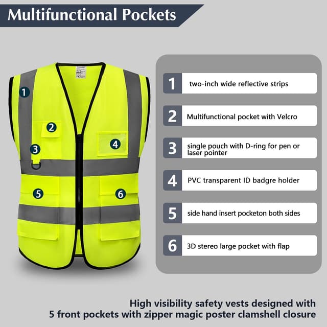 Detalle de YUANVEST Hi-Vis Vest for Men & Women with 2-inch Reflective Strips and 5 Pockets