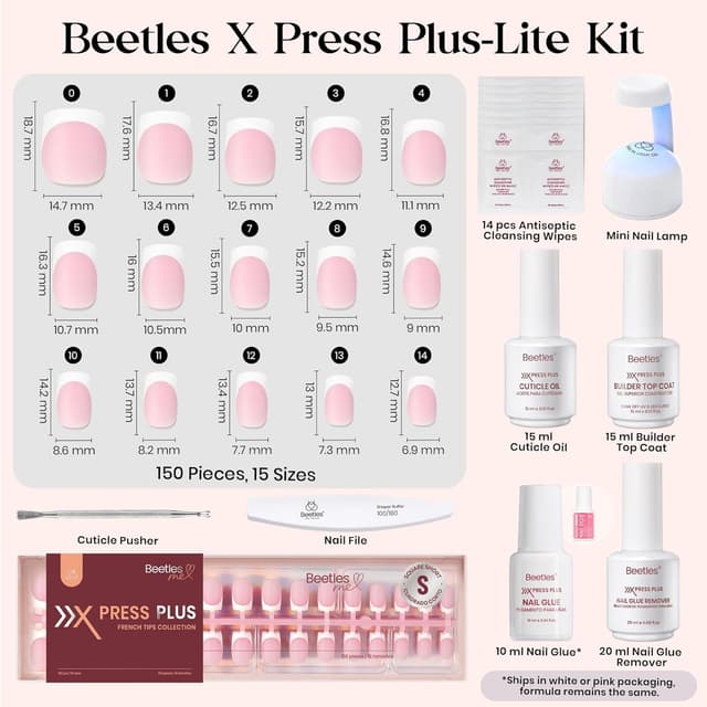 Detalle de Beetles X Press Plus Gel Nails Kit (Glow French) — 150 Press-On Nails in 15 Sizes + Mini Nail Lamp