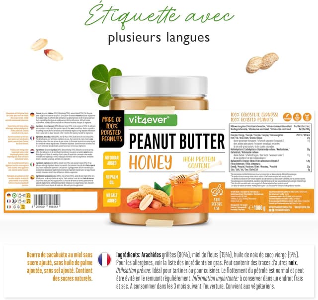 Detalle 2 de Beurre de cacahuètes Honey 1 kg : purée naturelle aux protéines (sans sel, sans sucre ajouté)