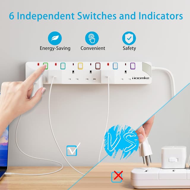 Thumbnail 3 de Toomke 6-way Extension Lead 3m 13A power strip 🔌