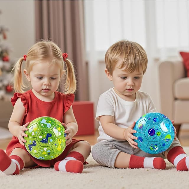 Detalle de ZOOJOY Size 2 Kids Soccer Ball 2-Pack (Glitter Dinosaur & Planet) with Pump and Mesh Bag