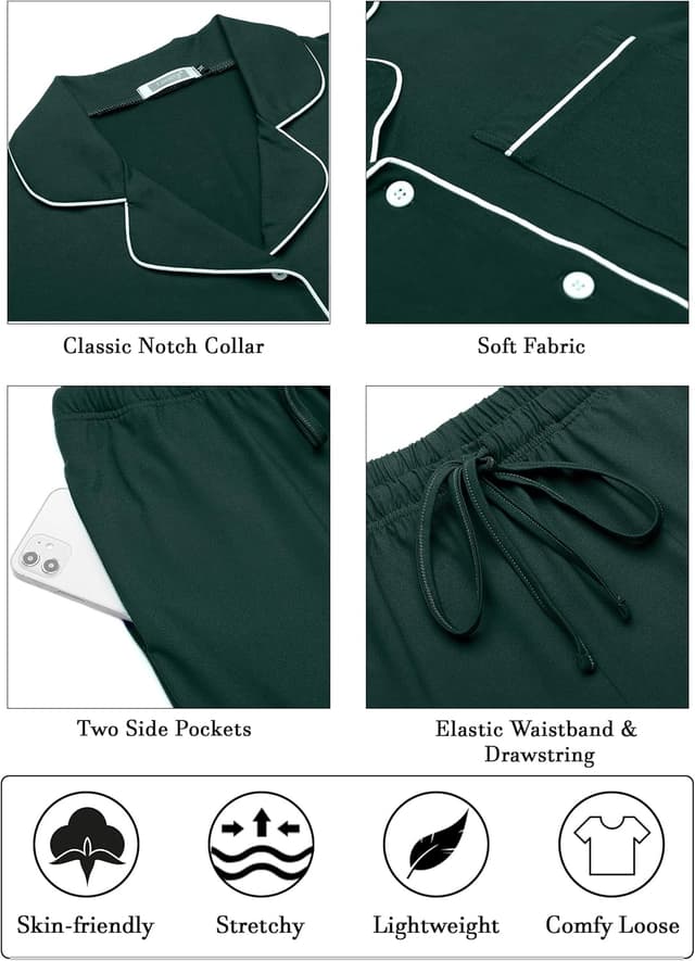 Detalle de Lovasy Women’s Classic Button-Down Pyjamas Set (Long-Sleeve Top & Full-Length Bottoms with Pockets)