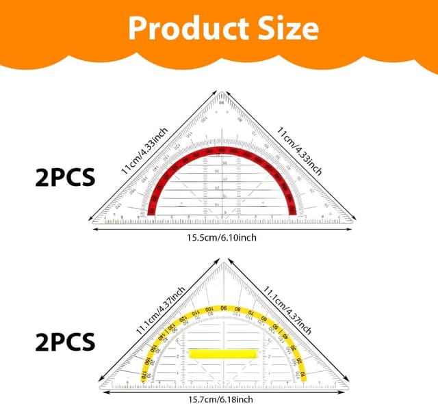 Detalle 2 de Vicloon set square set (4 pcs) with 45° triangle rulers and transparent protractor – red and yellow