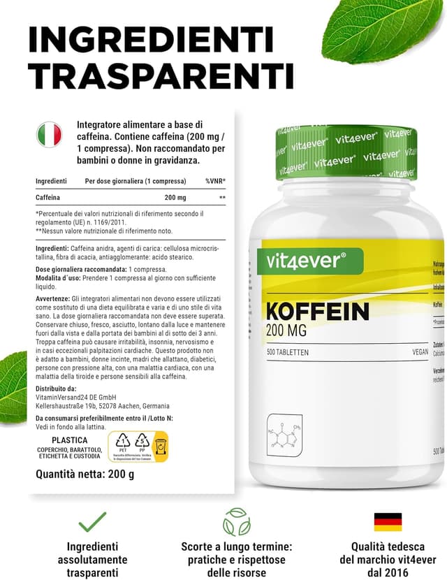 Detalle 2 de Compresse di caffeina da 200 mg ciascuna – 500 compresse, 200 mg caffeina anidra (vegane) vit4ever