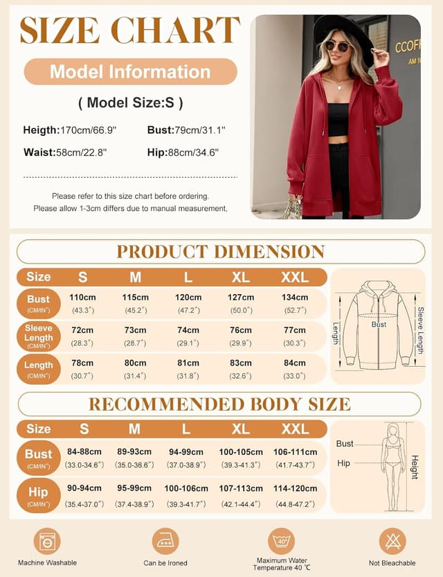 Detalle 2 de Vancavoo felpa donna con zip e cappuccio, giacca in cotone con manica lunga