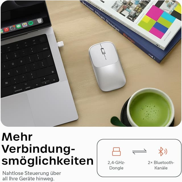 Detalle de Satechi Slim EX kabellose Multi-Device Computermaus (Bluetooth & 2,4 GHz, für macOS/Windows/iPadOS/Android) – silber