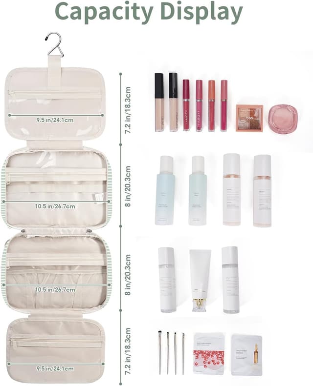 Detalle de Narwey Hanging Travel Toiletry Bag (Mint Green Stripe) – Medium organiser with 4 compartments