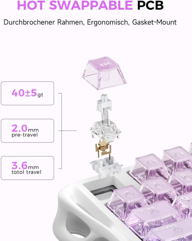 Thumbnail 6 de GravaStar Mercury K1 Lite 75% Gaming-Tastatur (Tri-Mode, Hot Swap, RGB) – QWERTY Crystal Aurora