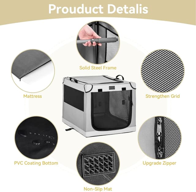 Detalle 2 de Petsfit Collapsible Dog Kennel with Thicken Mat, Adjustable Fabric Sleeve & Breathable Mesh Doors (100 cm)