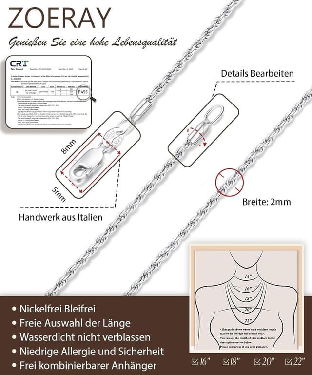 Detalle 2 de ZOERAY Silberkette Damen 925 16 inch