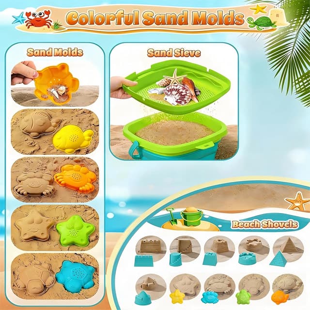 Detalle de FLEXTRIX Sandspielzeug-Set (19-teilig) mit faltbaren Eimern, Sieb und Strandformen – Strand- & Reisespielzeug ab 3 Jahren