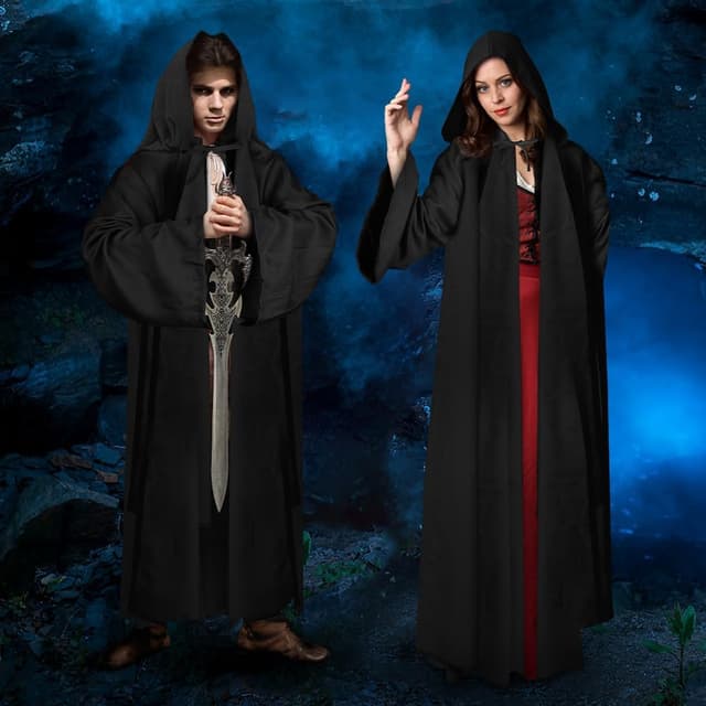 Detalle 2 de AOOWU Jedi Black Cape – deep-hooded black cloak for adult cosplay, vampire & party costumes