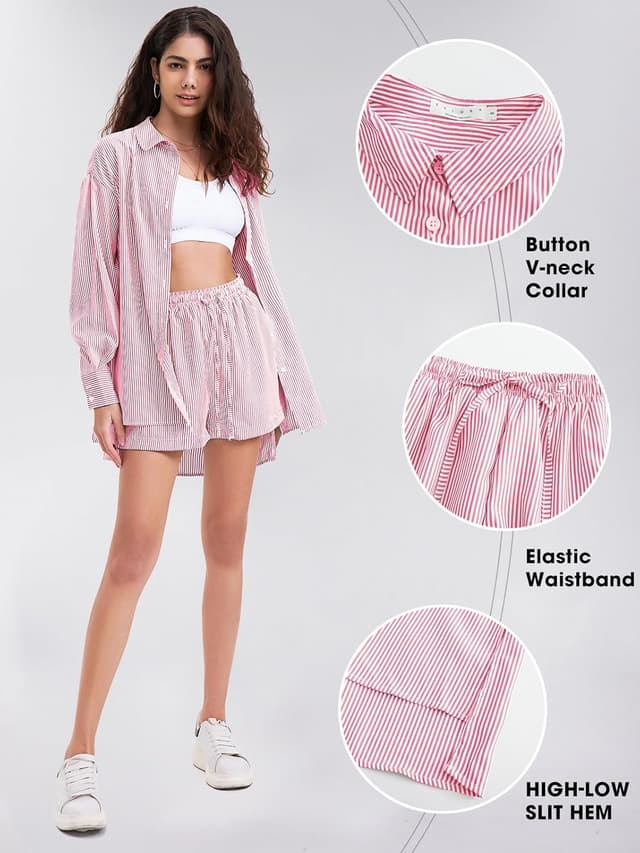 Detalle 2 de EXLURA Women’s Cotton Summer 2-Piece Long Sleeve Button-Down & Shorts Set