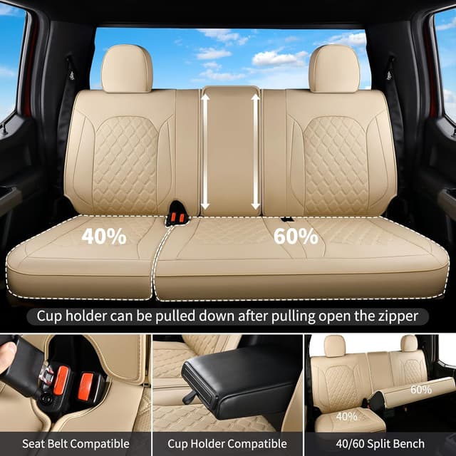 Detalle de Huidasource F150/F250/F350 Front & Rear Leather Seat Covers (Beige) for 2015-2025 Ford SuperCrew & 2017-2025 Super Duty Crew Cab