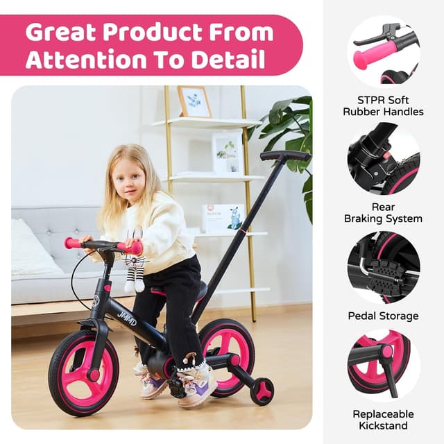 Detalle de JMMD 6-in-1 Toddler Bike (18 Months to 5 Years) w/ Push Handle, Training Wheels, and Hand Brake