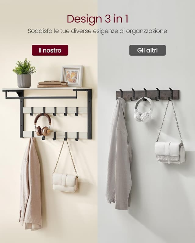 Detalle de VASAGLE Appendiabiti da parete con mensola e 10 ganci rimovibili LCR101W03 (bianco vintage e nero)