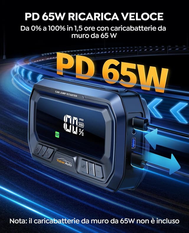 Detalle 2 de YaberAuto YA90 Avviatore auto 8000A (26800 mAh) con compressore 160 PSI, booster PD65W e luce 600 lm