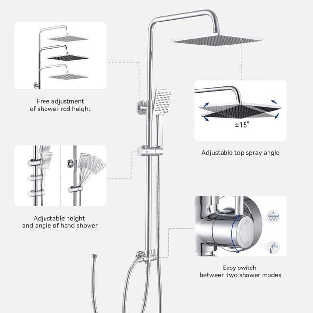 Thumbnail 5 de DERW Adjustable Shower Riser Kit with 10 Inch Rain Head