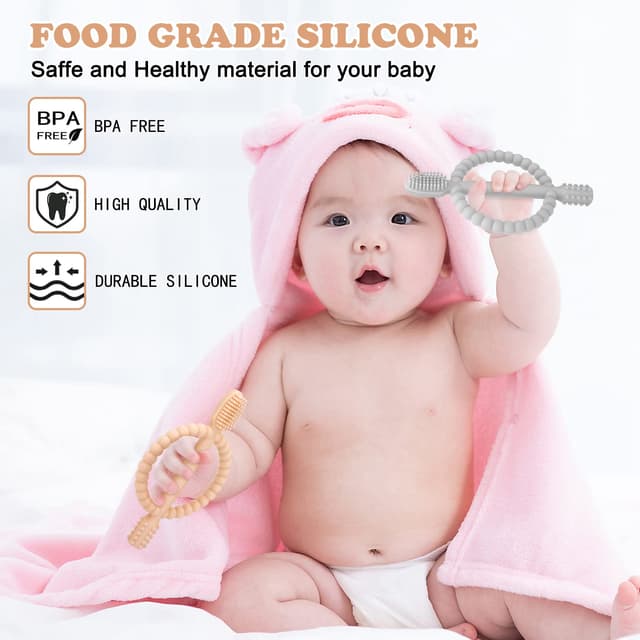 Detalle de Baby Beißspielzeug-Set (2 Stück) – Kinderzahnbürste aus BPA-freiem Silikon, ab 3 Monaten