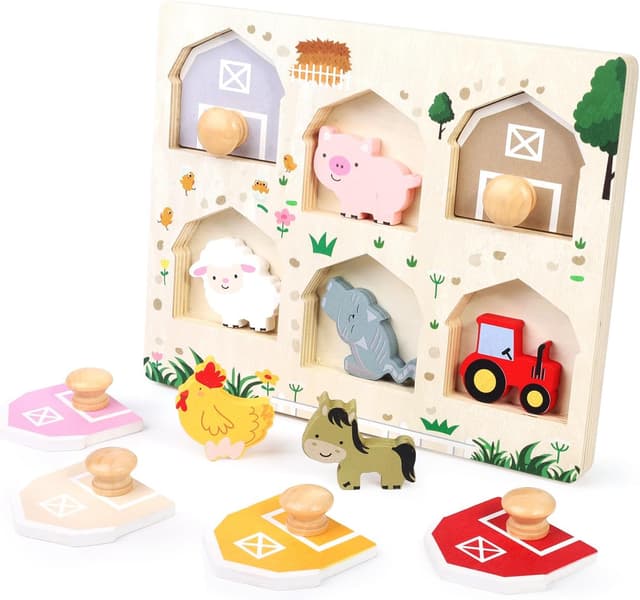 Detalle de Nabance Holzpuzzle ab 1 Jahr „Bauernhof Tiere & Fahrzeuge“ mit 6 Steckentüren (Montessori Lernspiel)