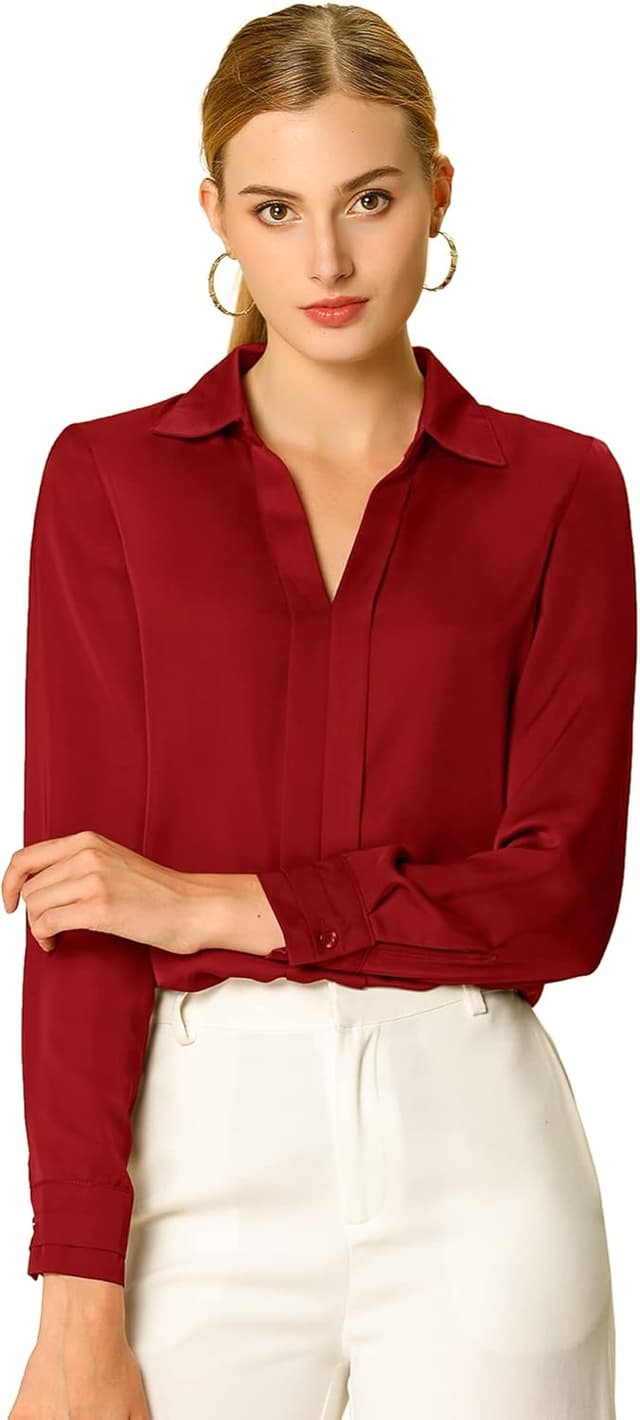 Detalle de Allegra K Damen Satin-Bluse mit V-Ausschnitt und Langarm