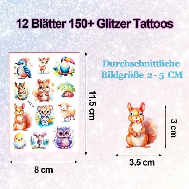Detalle de JOJOLUXE Tiere Glitzer Tattoo Set Kinder (12 Blätter) – hautfreundliche temporäre Fake-Tattoos mit Glitter