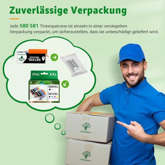 Detalle de GREENSKY 580 581 XXL Multipack kompatibel für Canon PGI 580/CLI 581 – 10er-Pack für Pixma TS-Serie
